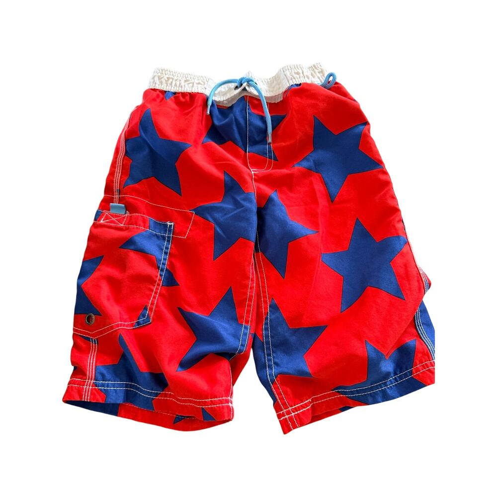 Mini Boden Boys' Swim Trunks - Orange Blue Star Print 7/8